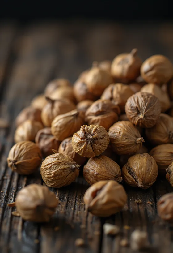 حب العزيز (شوفا) مقشر ومكدس على خلفية بيضاء، في حالته الطبيعية