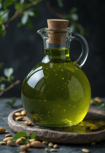 زيت بذور يقطين أخضر داكن في وعاء صغير، وبجانبه بذور يقطين بقشرها
