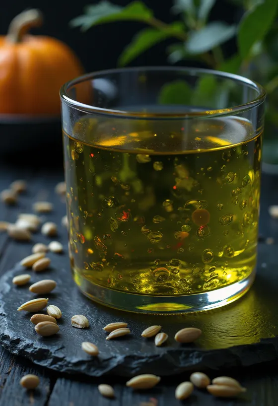 زيت بذور يقطين من بذور بدون قشر في وعاء صغير، مع بذور يقطين مقشرة خضراء