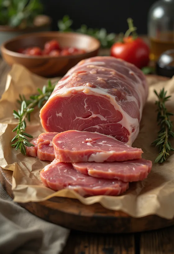 شرائح خاصرة خنزير بري نيئة على لوح خشبي مع التوابل