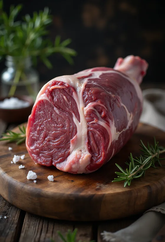 لحم فخذ خنزير بري نيء مع التوابل على لوح خشبي
