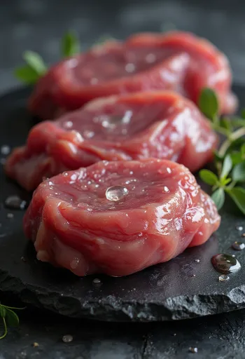 لحم بط بري نيء مقطع شرائح مع التوابل على لوح خشبي