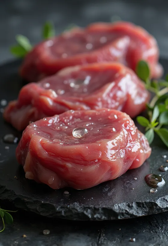 لحم بط بري نيء مقطع شرائح مع التوابل على لوح خشبي