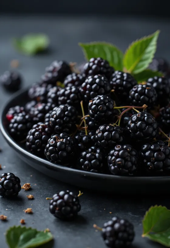 ثمار العليق البري الطازجة بلون داكن، مقطعة وكاملة على سطح محايد