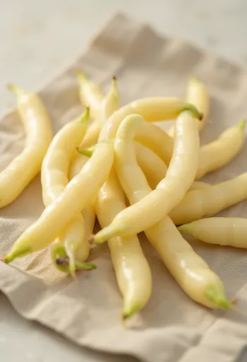 فاصوليا صفراء طازجة بقرون صفراء، مقطعة جزئياً على لوح تقطيع