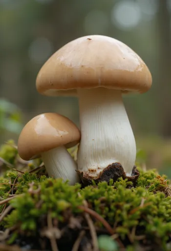 فطر بورشيني طازج في مطبخ بطراز غابوي، على طاولة خشبية