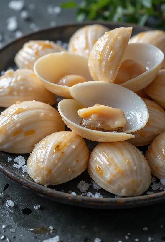 لحم محار الزهرة النيء على الثلج مع الليمون والبقدونس