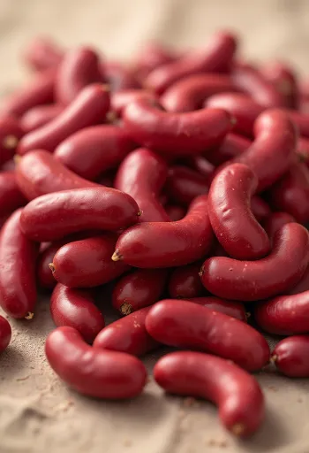 صورة واقعية لفاصوليا حمراء في وعاء سيراميك وملعقة خشبية على طاولة ريفية