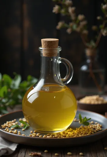 زيت سمسم فاتح في وعاء زجاجي صغير، وحوله بذور سمسم فاتحة