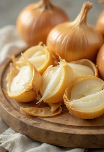 بصل أحمر كامل ومقطع شرائح على سطح ريفي