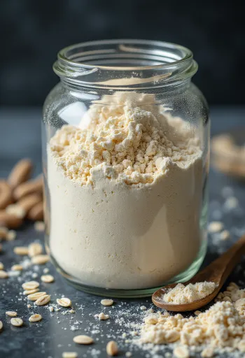 دقيق شوفان ناعم في وعاء سيراميك، منثور على سطح خشبي