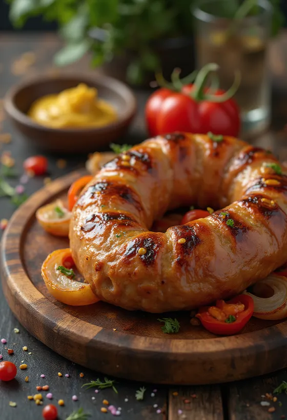 سجق مقلي محمر بلون ذهبي، بقشرة مقرمشة ويقدم مع أعشاب طازجة