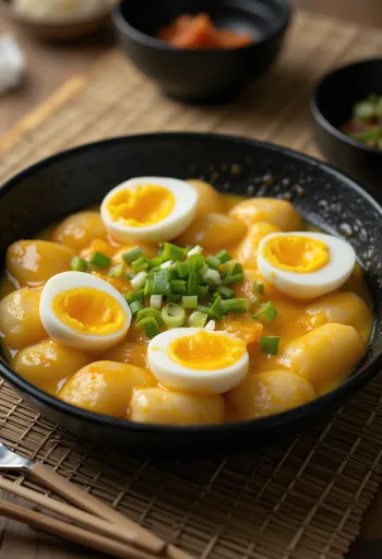 تتوكبوكي بصلصة الكاري، كعك أرز كوري بصلصة كاري متبلة، مع بيض وكيمتشي