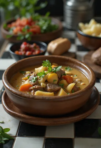 يخنة شاي زبدة الياك مقدمة في وعاء ريفي مع أعشاب طازجة.