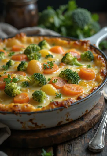 طاجن خضروات بطبقات، مخبوز بالجبن والتوابل.