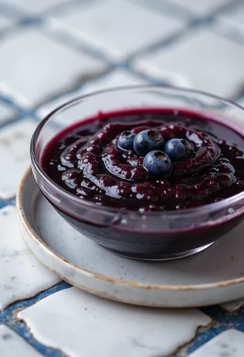 صلصة الخل البلسمي بالتوت الأزرق والفلفل الحار في وعاء، مزينة بالتوت وشرائح الفلفل.