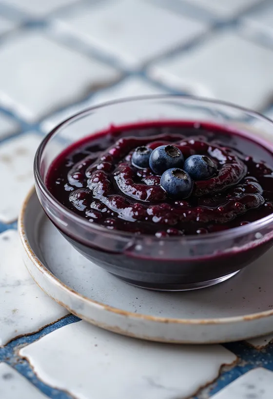 صلصة الخل البلسمي بالتوت الأزرق والفلفل الحار في وعاء، مزينة بالتوت وشرائح الفلفل.