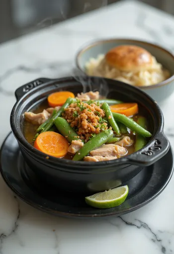 سينيغانغ باللحم مقدماً، بخضروات غنية وكالامانسي طازج