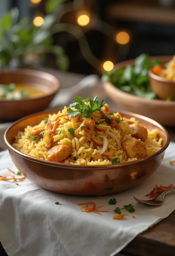 برياني الدجاج مزين بالكزبرة الطازجة والنعناع