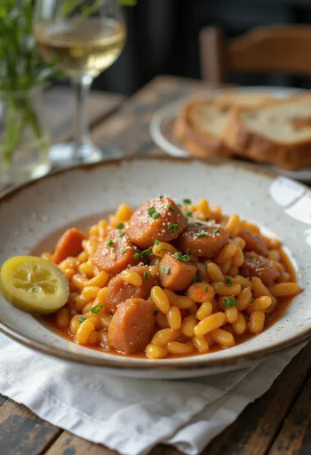 باستور تارهونيا بسجق وبطاطس، مرشوشة ببقدونس طازج