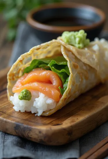 تيماكي بالشيسو، سلمون طازج وورقة شيسو في طحالب نوري، تقدم بشكل مثالي