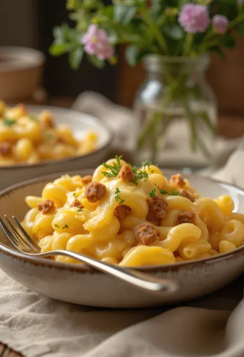 سجق مع المعكرونة والجبن مقدم في طبق
