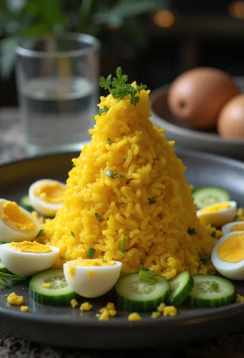 تومبينغ مع البيض المسلوق، طبق أرز هرمي الشكل مزين بالبيض