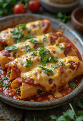 صينية إنشلادا بالسبانخ ساخنة مغطاة بالصلصة الحمراء والجبن الذائب