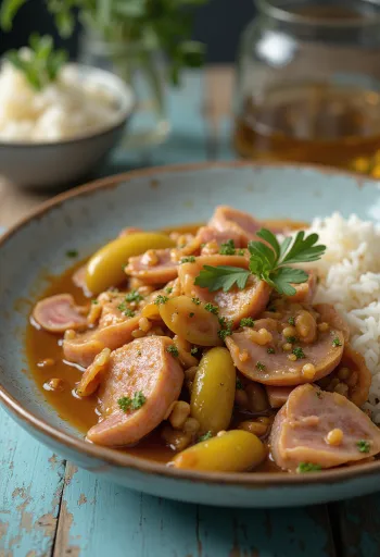 يخنة الجزار بلحم طري، وسجق مدخن ومخلل خيار.