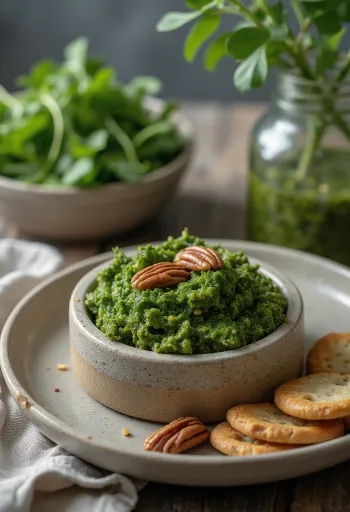 بيستو بالكرنب الأجعد وجوز البقان يقدم، في طبق فاتح، بقوام كريمي