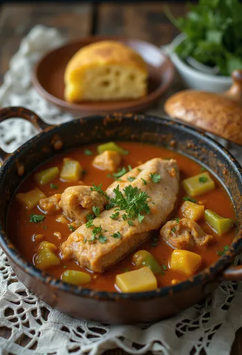 يخنة السمك على طريقة الكاجون تقدم مع خبز طازج.