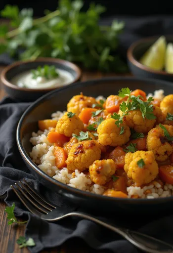 صينية كاري القرنبيط النباتية جاهزة للتقديم