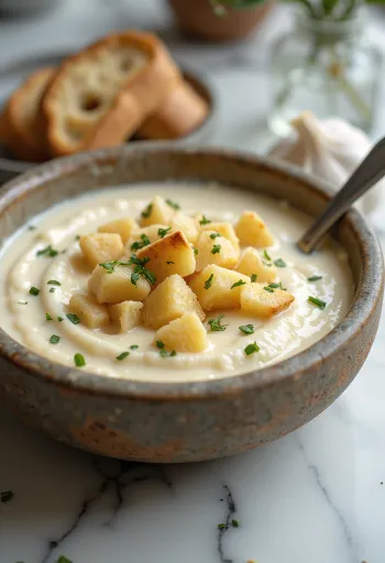 شوربة كريمة الثوم الكريمية مع مكعبات الخبز المحمص والبقدونس الطازج.