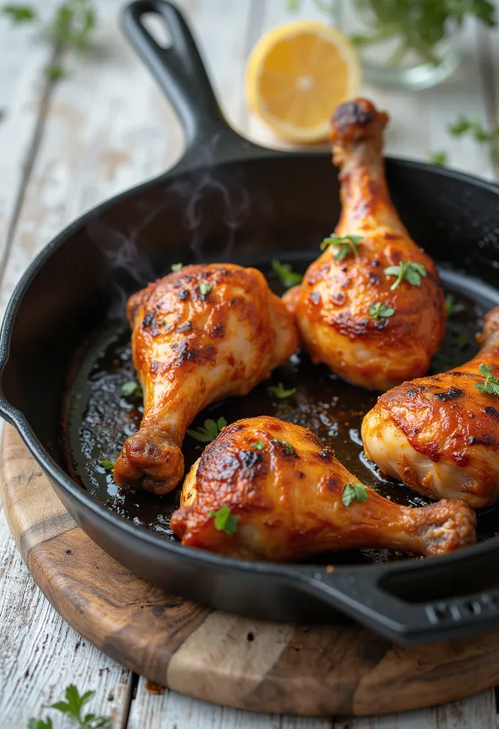 أفخاذ دجاج بتتبيلة حارة مقدمة مع خضروات طازجة.