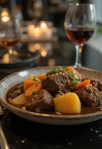 يخنة لحم الغزال بالخضروات في وعاء ريفي.