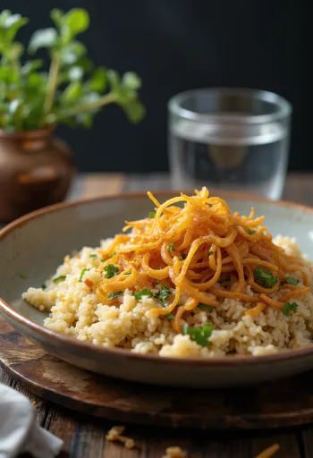 مجدرة بالبصل المقلي، تقدم مع ليمون طازج