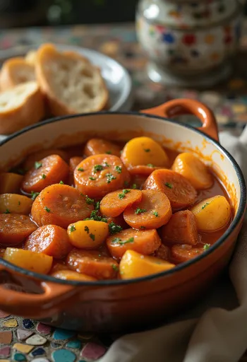 يخنة بطاطس بقطع بطاطس غنية بالعصارة، وسجق، ومرشوشة ببقدونس طازج