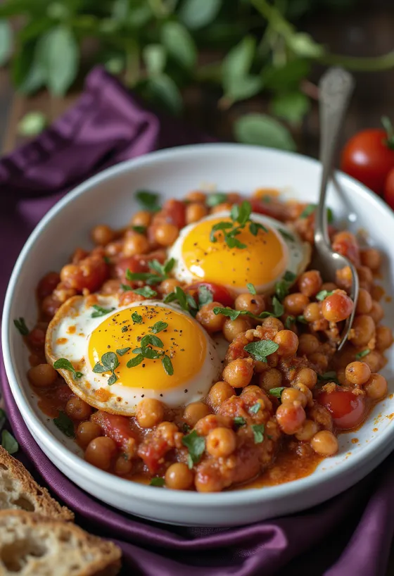 صينية الباذنجان النباتية مع الحمص جاهزة للتقديم