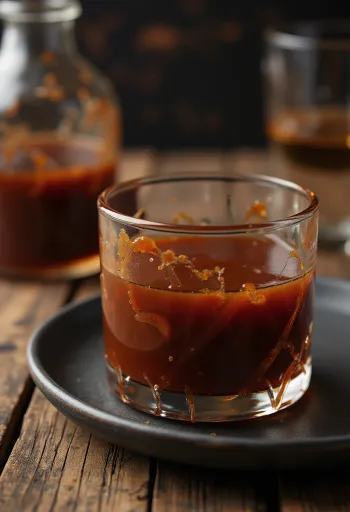 صلصة الباربكيو بنكهة التفاح في وعاء، مع توابل ولحوم مشوية.