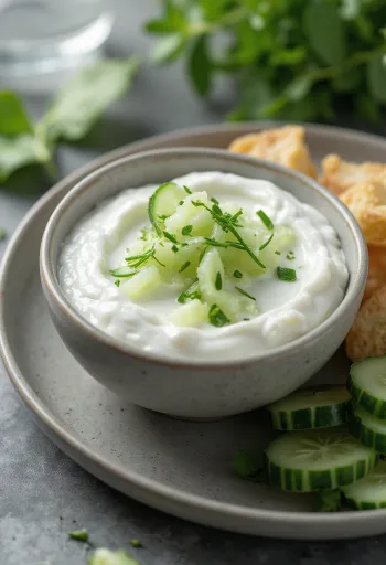 صلصة الخيار بالزبادي تقدم مع الخضروات الطازجة