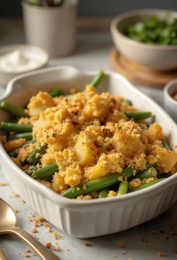 صينية الفاصوليا الخضراء النباتية مع البطاطس جاهزة للتقديم