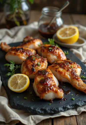 دجاج مشوي بالتوابل الحارة يقدم على طبق خشبي مع صلصة الباربكيو.