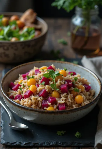 بيلاف الشمندر والخضروات يقدم مع الأرز البني، والخضروات الحمراء والبرتقالية