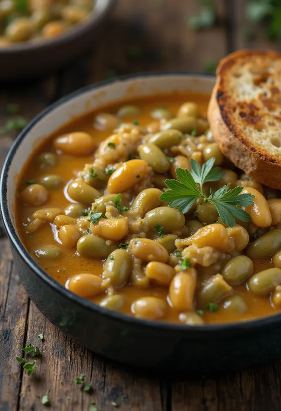 يخنة فاصوليا خضراء في صوص كريمي كثيف، مرشوشة بالشبت الطازج