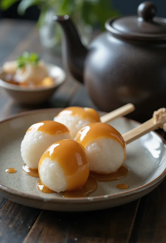 كرات أرز ميتاراشي دانغو، منقوعة في صلصة صويا حلوة