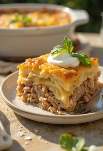 كرنب طبقات تقليدي، طبقات من اللحم المفروم والأرز، يقدم مع الكريمة الحامضة.