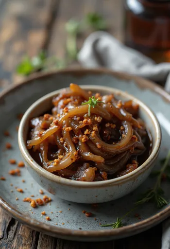 صلصة البصل المكرمل بالفلفل الحار في وعاء، مزينة بالفلفل الحار الطازج.