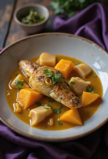 كاري الدجاج والقرع مقدم في وعاء مع الكزبرة الطازجة.