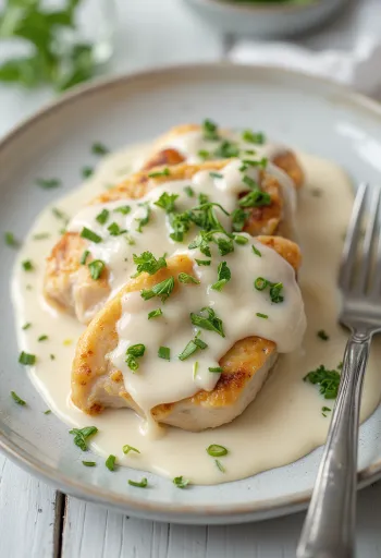 صدر دجاج طري في صلصة كريمة، مرشوش بالبقدونس الطازج ومقدم مع المعكرونة.