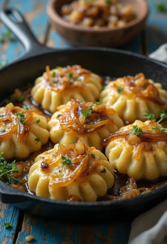 دودولي مقرمش يقدم مع الكريمة الحامضة والبصل المحمر